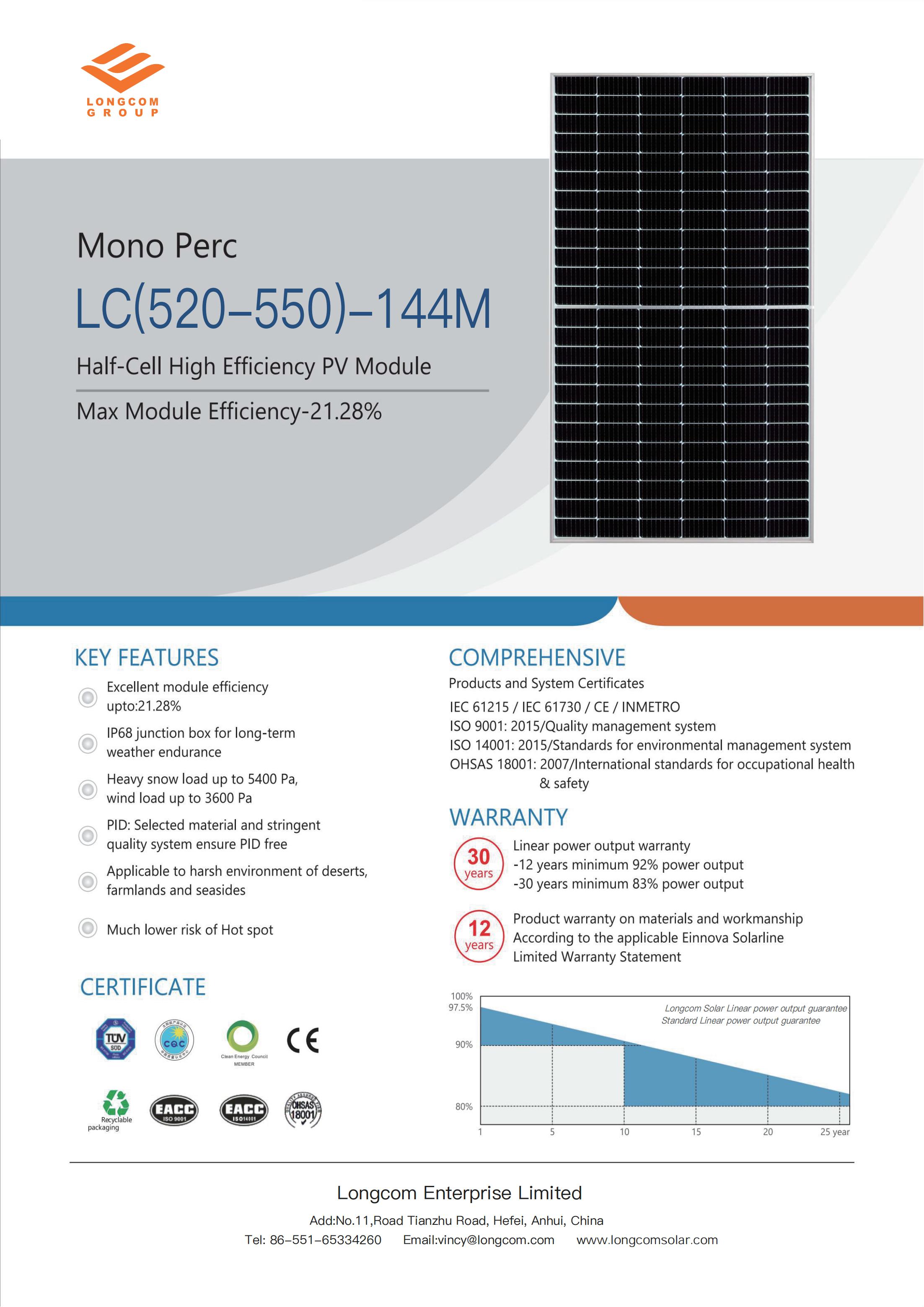 Long Group Power 550W Monocrystalline 166mm M6 Half Cut 144 Cell Bảng điều khiển năng lượng mặt trời Mono PV Năng lượng