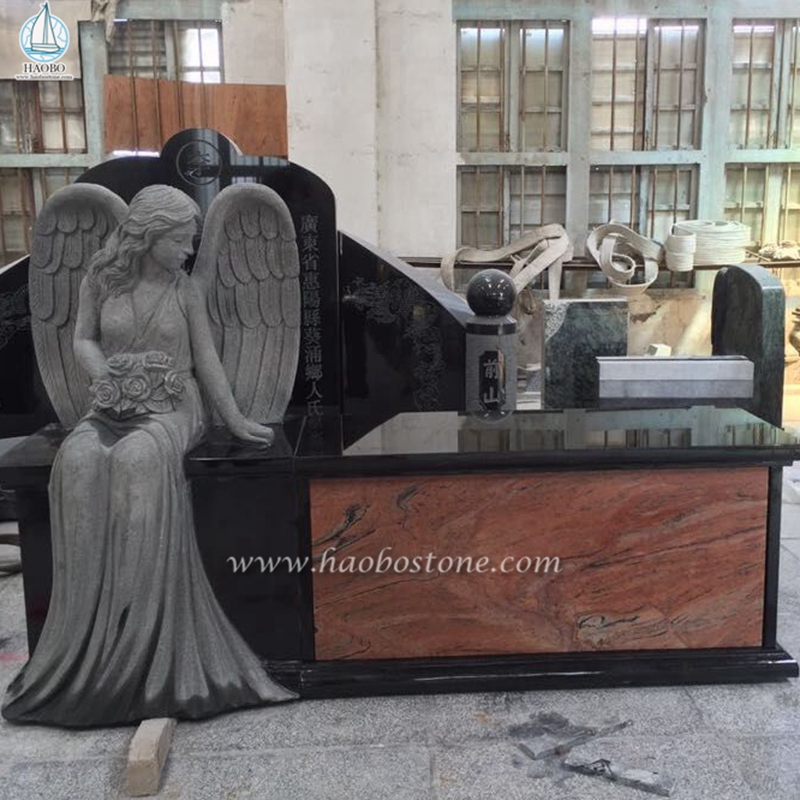 Băng ghế dự bị tượng đài bằng đá granit đen ở Ấn Độ với tượng thiên thần
