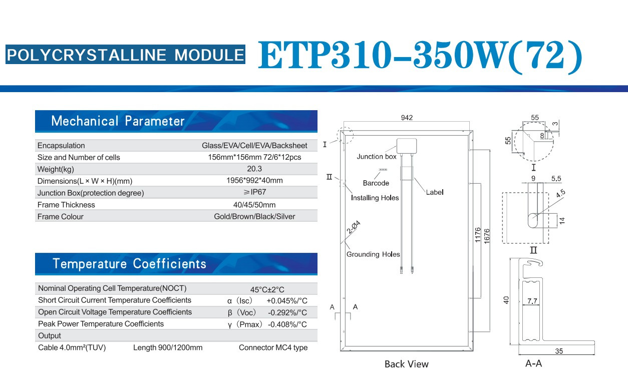 Bảng điều khiển năng lượng mặt trời Poly 350 watt