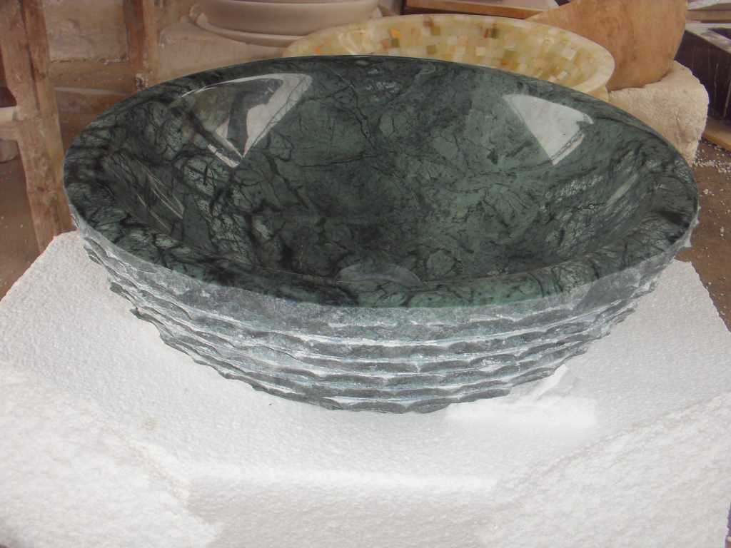 Bồn rửa bằng đá cẩm thạch màu xanh lá cây hình tròn bồn rửa mặt nhám bề mặt đá
