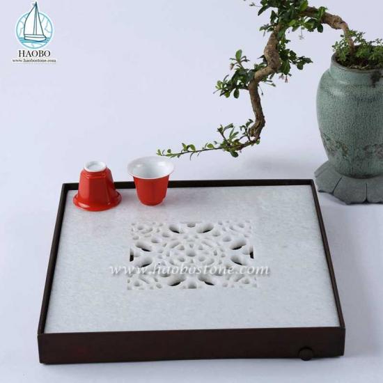 Đá cẩm thạch trắng Trung Quốc thiết kế rỗng chạm khắc khay trà đá vuông
