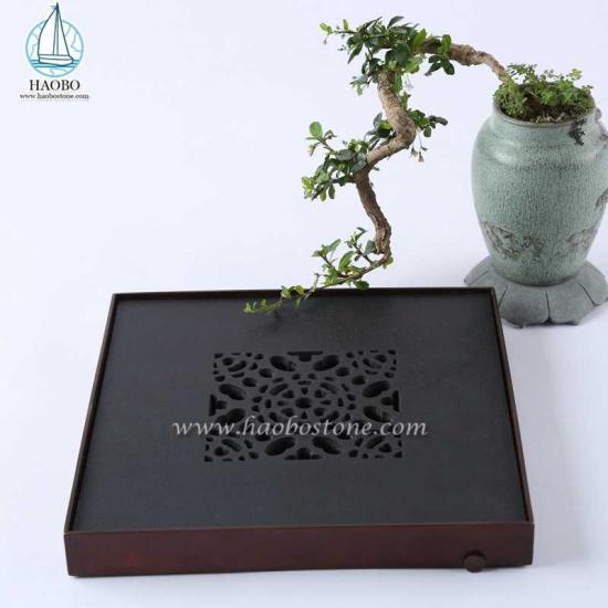 Đá hoa cương đen Trung Quốc Thiết kế rỗng chạm khắc Khay trà bằng đá vuông
