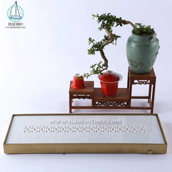 Đá cẩm thạch trắng Trung Quốc thiết kế đá khắc Khay trà hình chữ nhật
