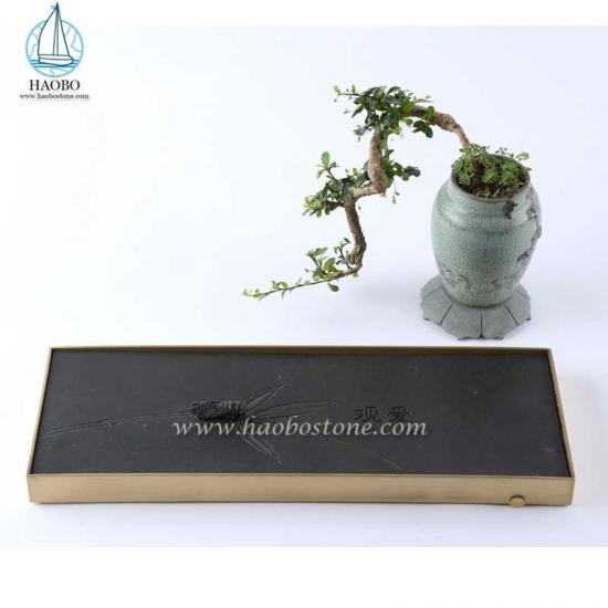 Khay trà chạm khắc hình chuồn chuồn hình chữ nhật bằng đá granit đen
