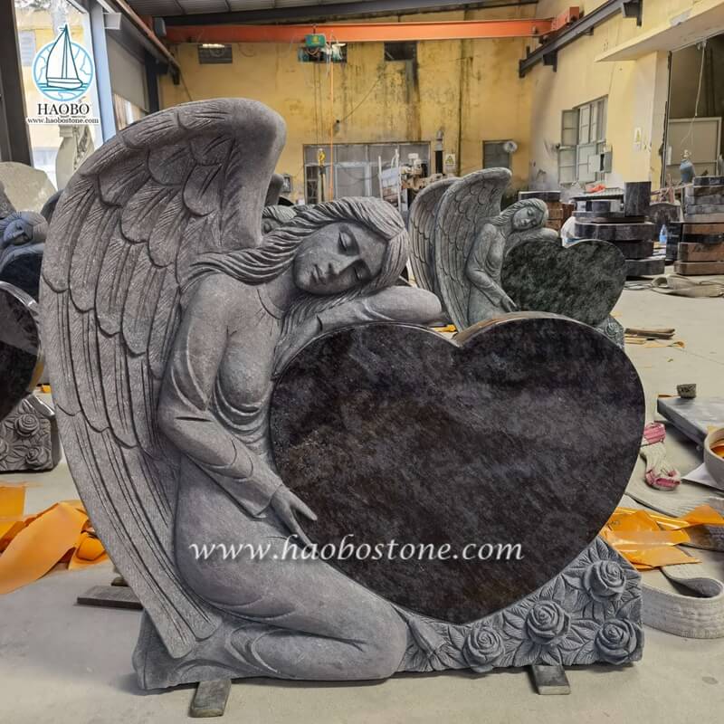 Đá Granite Xanh Bahama Thiên thần ôm Trái tim được chạm khắc Bia mộ
