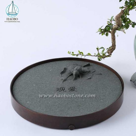 Khay trà đá chạm khắc hình tròn bằng đá Granite xám của Trung Quốc
