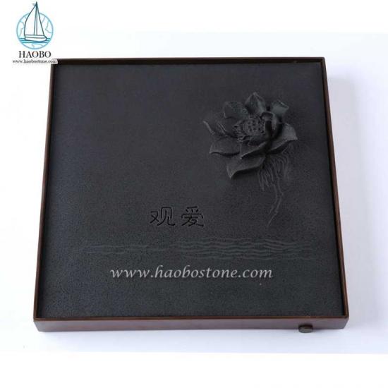 Đá hoa cương đen Trung Quốc Thiết kế Hoa sen Khắc Khay trà vuông
